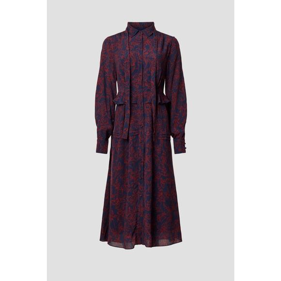 Jason Wu Navy Red Floral Print Tie Neck Long Sleeve Midi Shirt Dress Size 8 - Picture 5 of 16